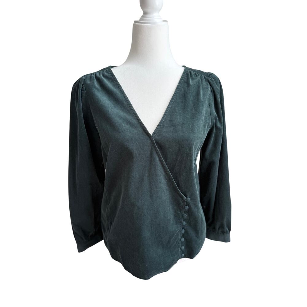 Madewell Corduroy Side-Button Wrap Top Green Sz Small NWT